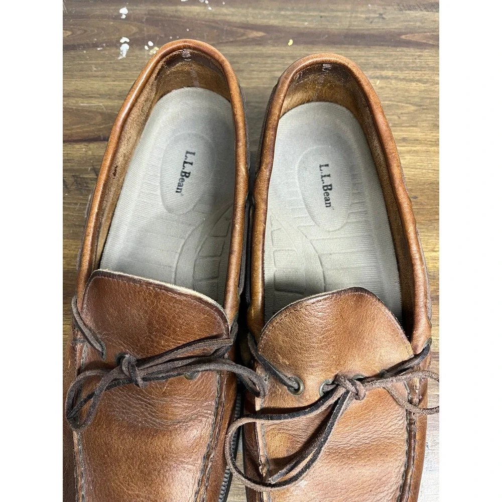 LL Bean Mens Handsewn Camp Mocs Brown Leather Boat Shoes Loafers Slip On